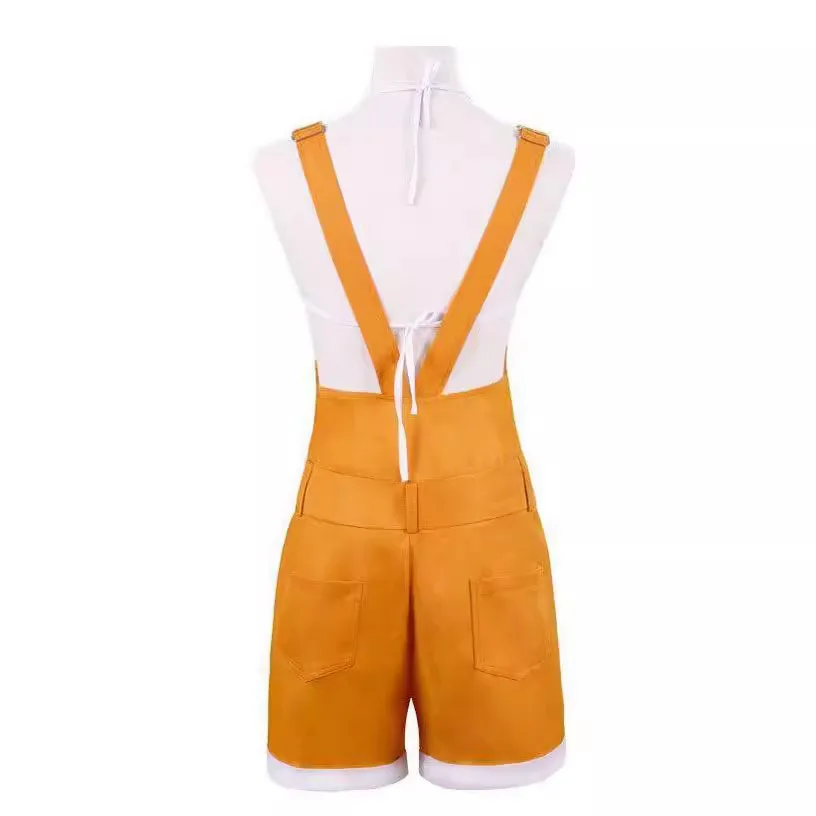 Anime Nami Cosplay Costume Women Orange Suspender Shorts with White Bralette & Black Straps Accessories Halloween Party Outfit