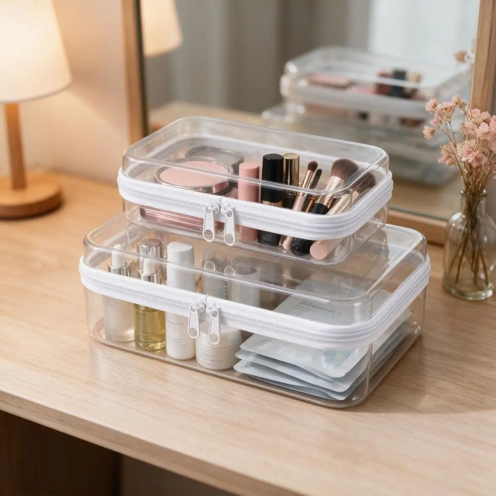 2pcs Home Organize Box Transparent Cosmetics Storage Bag Baby Toy Organize Box Waterproof Plastic Zippered Pouch Travel Case Bag