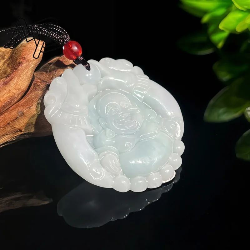 Real Jade Natural Emerald Double Dragon Smiling Buddha Pendant Necklace Carved Charm Jadeite Jewelry Fashion Charm Amulet Gifts view 4