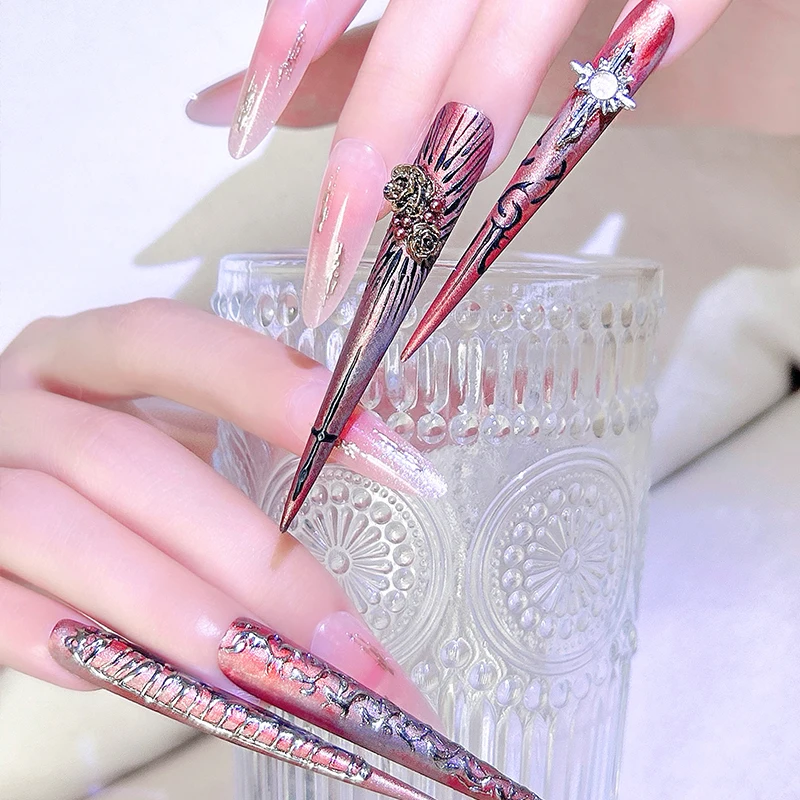

14Piece（4long+10short）Press On Nails, Gradient Red Black with Retro Metal Pearl Decor, Long Stiletto Shape for Edgy Elegance