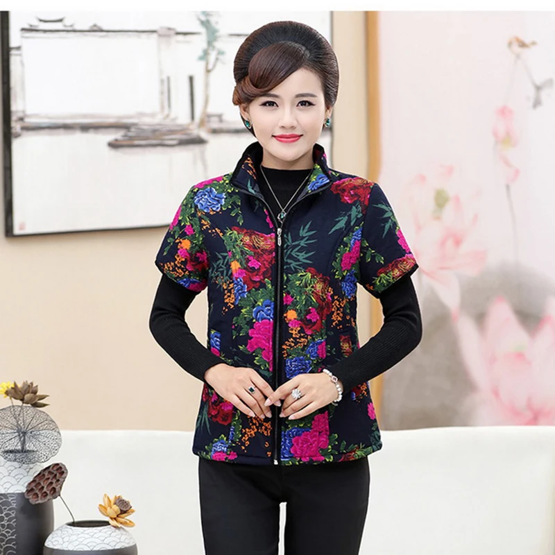 

Women's Bamboo Cotton Vest Vests Coat Fall Winter Loose Print Parker Down Cotton Jacket Ladies Half Sleeve Vest Print Outerwear