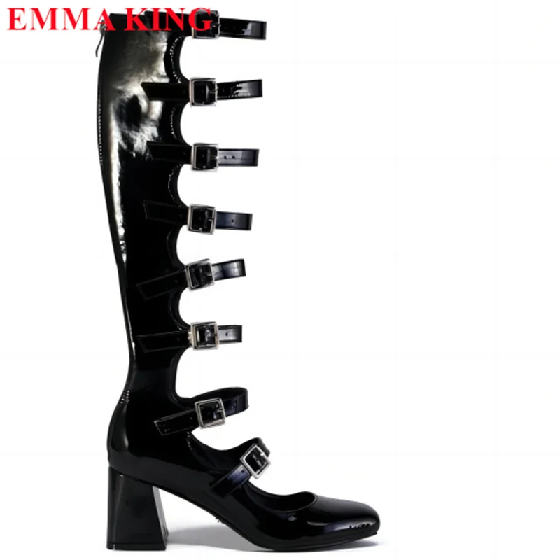 Women Black Patent Leather Knee High Boots Buckle Round Toe Cutouts Gladiator Sandals Boots Sexy Thick Heel Gothic Shoes Woman