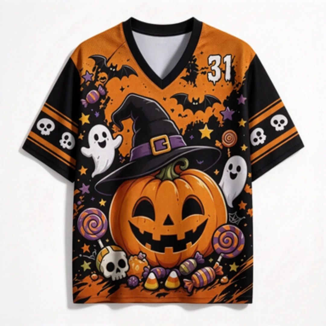 Halloween Pumpkin V-neck Mesh Ghost Bat Candy Skull 31 Printed Short Sleeve Holiday Party Sports Loose Casual T-shirt