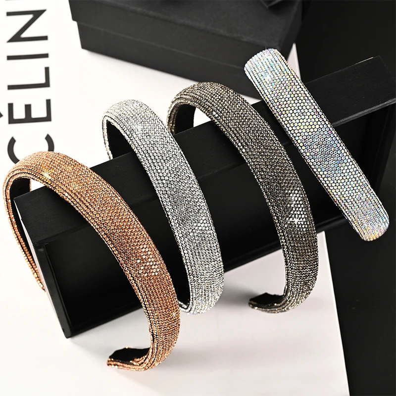 Shiny Full Rhinestone Headbands Wide Hair Hoop Silver Color Hairbands Velvet Headwear For Women Hair Accessories Jewelry Gifts