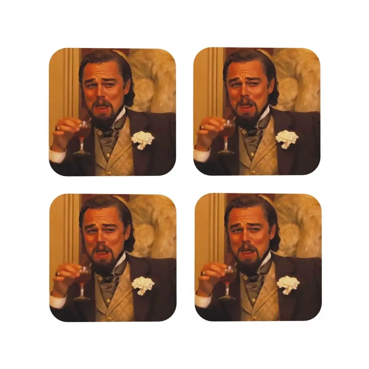 Leonardo DiCaprio Mem Coasters Kitchen Placemats Waterproof Insulation Cup Coffee Mats For Decor Home Tableware Pads Set of 4