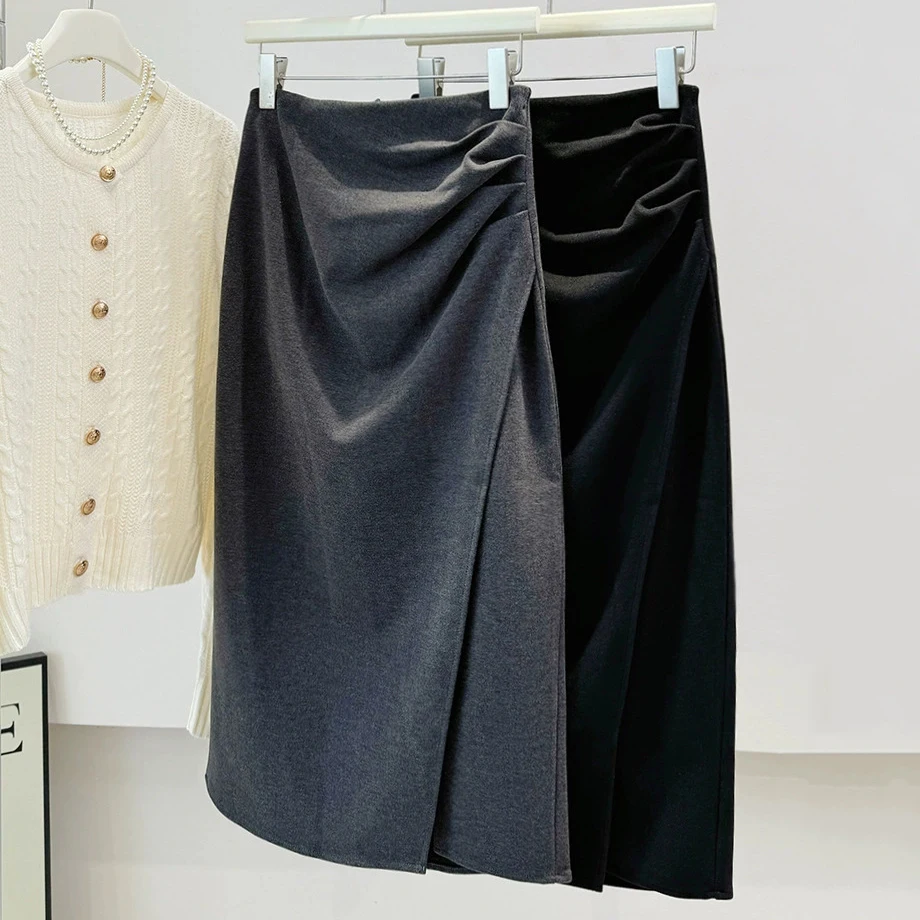 

Grey Irregular Pleated Woolen Skirt for Women 2025 New Autumn Winter High Waist Slim Fit Straight Leg Slit Long Skirts