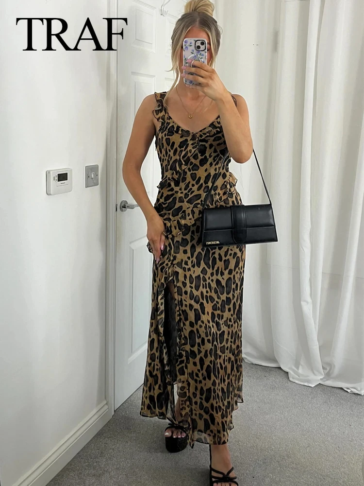 TRAFZA 2024 Woman Vintage Sexy Leopard Print Fold Sling Long Dress Female Summer V-Neck Sleeveless Backless Slim Slit Dress