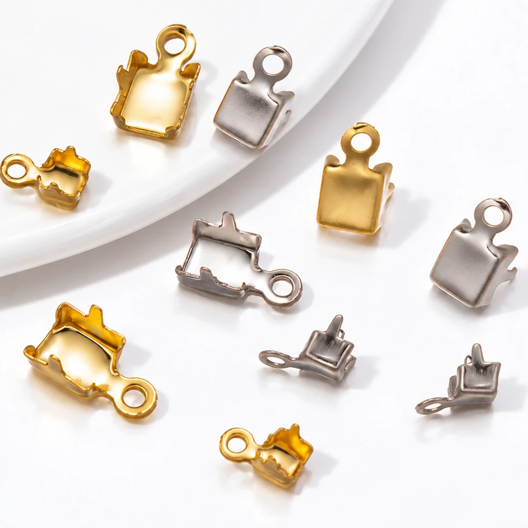 50pcs Stainless Steel Fold Over Cord Ends Crimp Leather Ribbon Clasp Tip Caps Connector for DIY Bracelet Necklace Jewelry Making