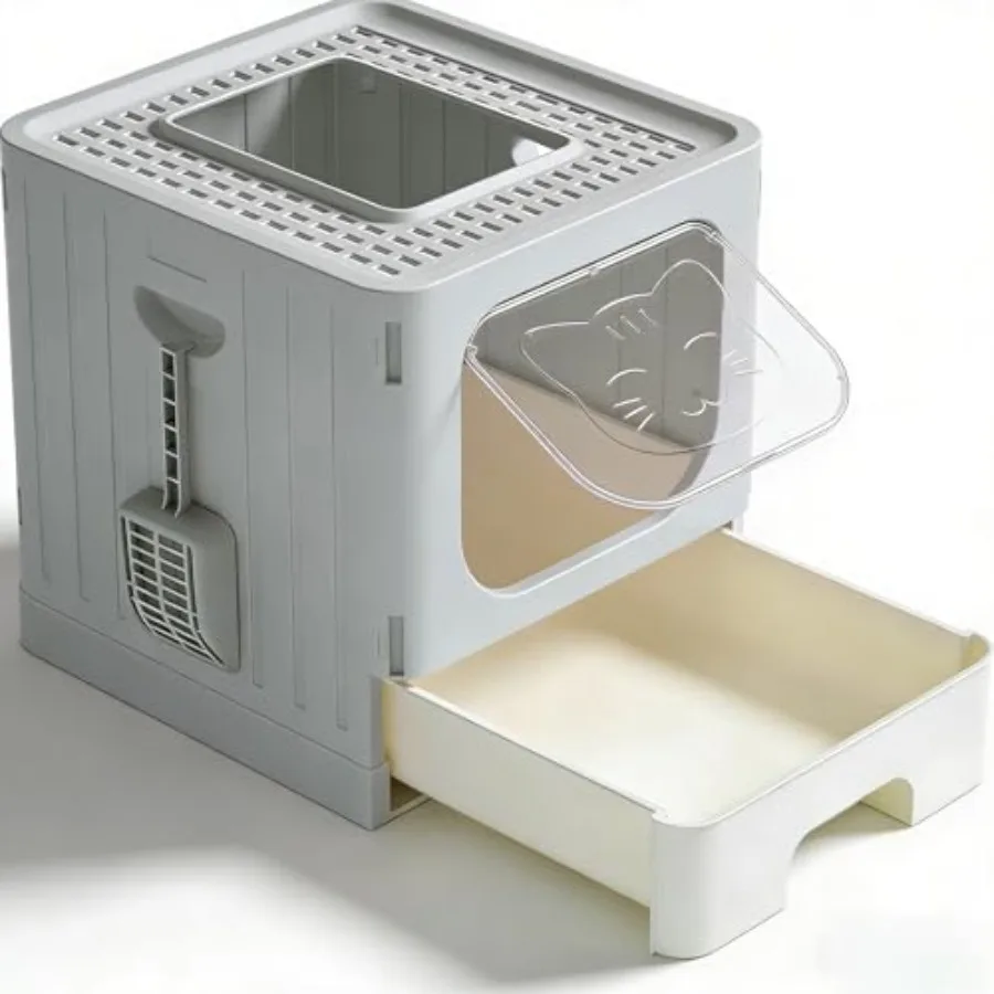 

Top Entry Cat Litter Box with Lid Large Foldable Enclosed Anti-Splashing Cat Litter Box with Scoop Drawer Type Easy Clean Litte