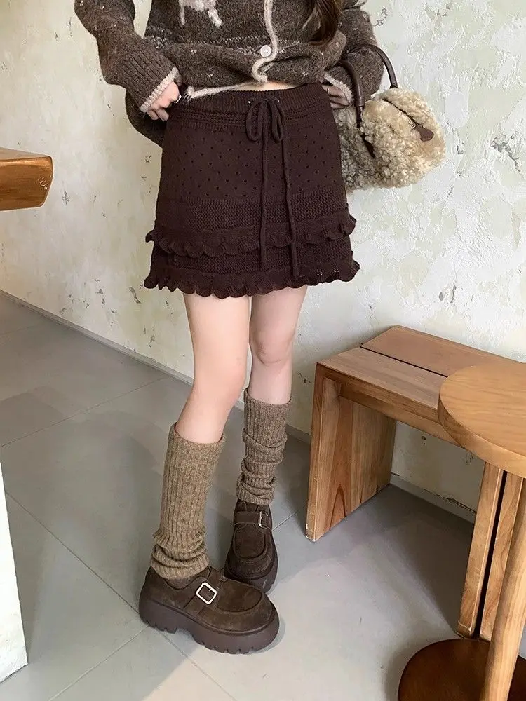 

Skinny Solid Color Design Sense Drawstring Short Skirt Women's Autumn and Winter New Sweet High Waist Thin Lace Cake Skirt