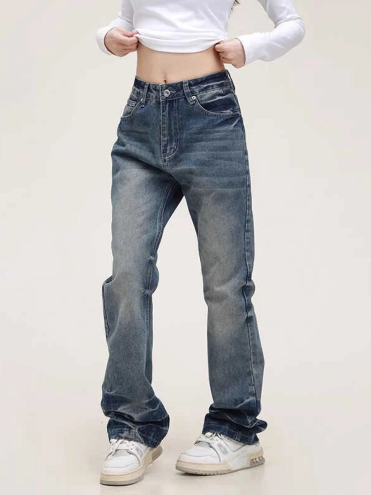 Calças Jeans Retro Americanas com Design Azul Desbotado para Homens e Mulheres, Estilo Casual, Resistentes ao Uso, Corte Reto