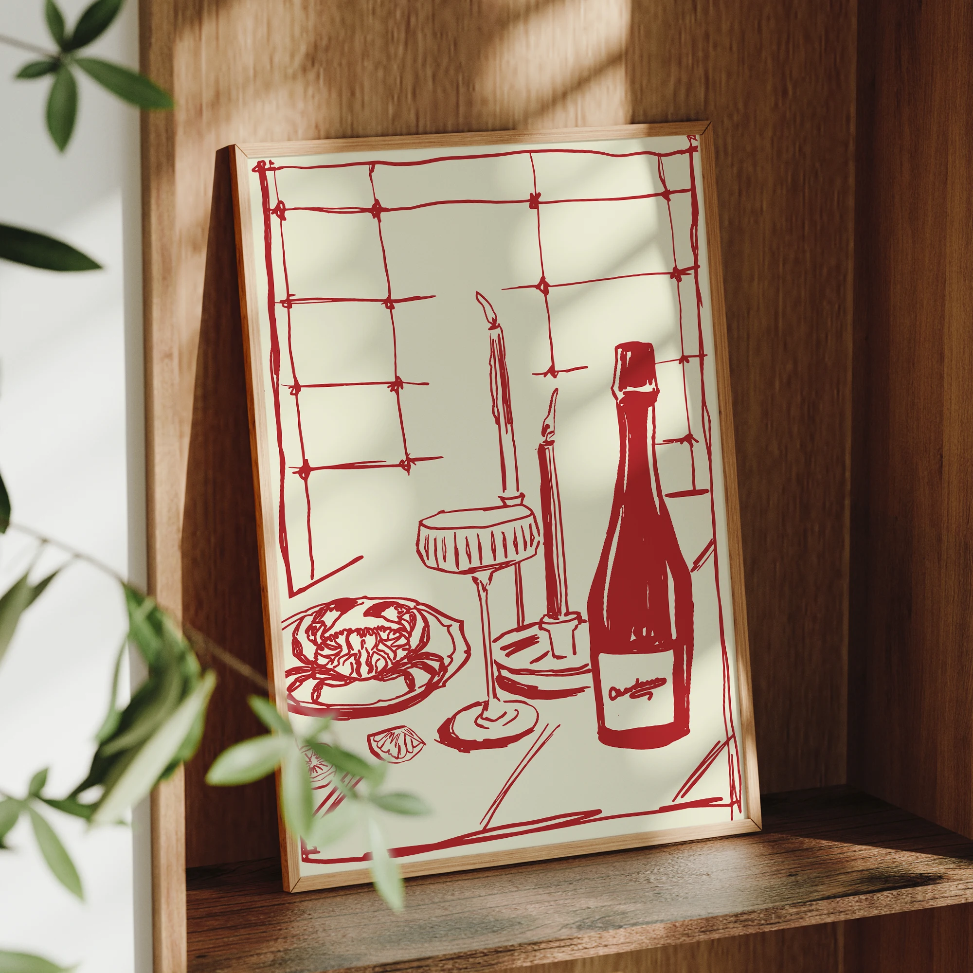 Red Hand Drawn Dining With Wine And Crab Modern Food Art For Pink Kitchen Decor Living Room Bedroom Home Decor