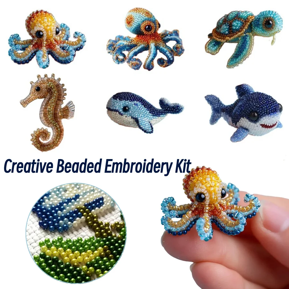 Creative Beaded Embroidery Kit Multi-Purpose Cute Ocean Animals Embroidery Wear Resist Relaxing Beadwork Kit for Beginners
