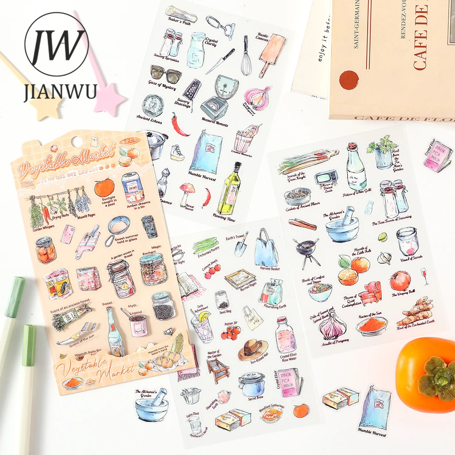 JIANWU Salt Based Four Language Series Vintage Life Fruit Landscape Material Collage PET Sticker Creative DIY Journal Stationery