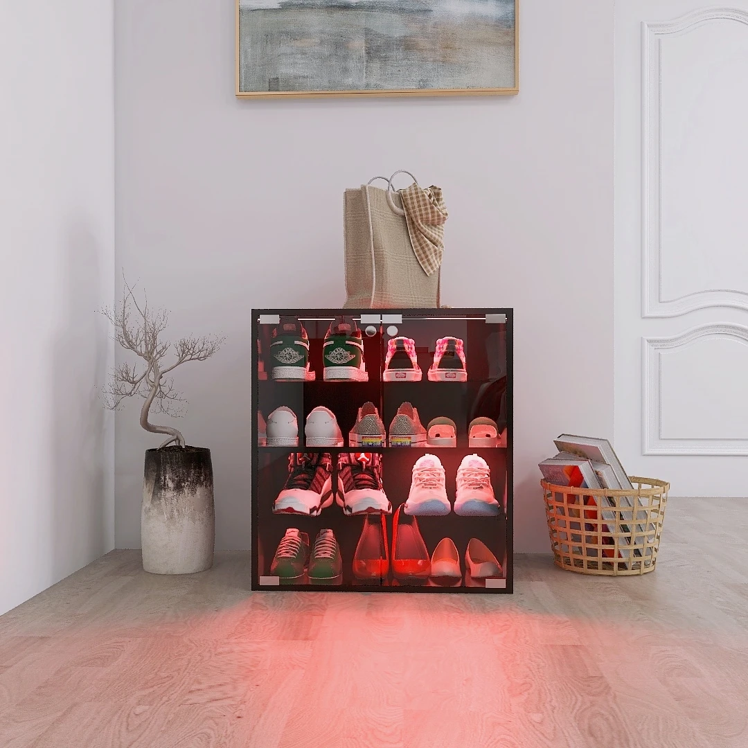 4 Layers Black Shoe Cabinet with Glass Door and Glass Layer Shoes Display Cabinet with LED light Bluetooth Control