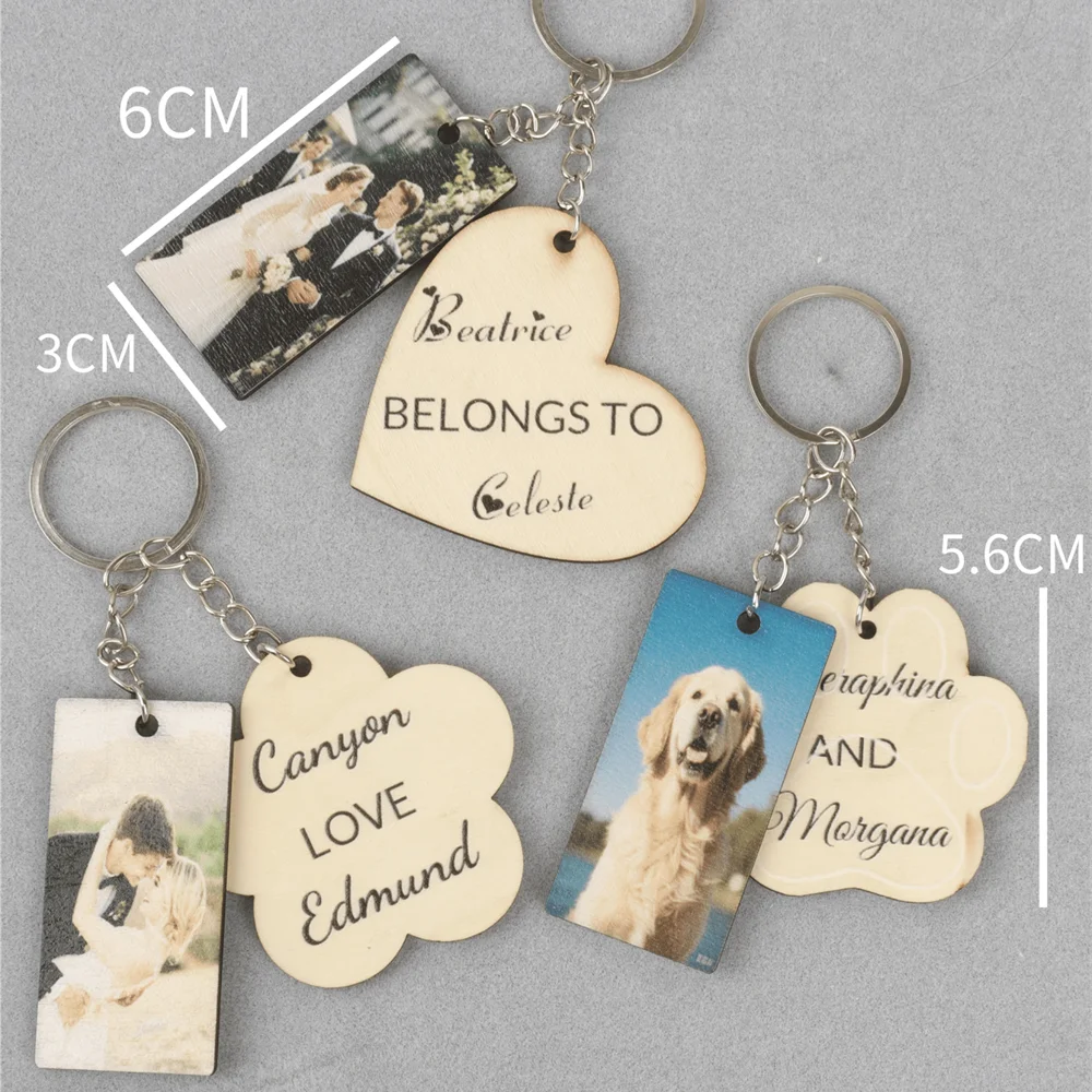 Custom Wooden Key Chain Personalized Name Text Photo Cut Heart/Flower/Dog Paw Keychain Party Decoration Gift Custom Keychain