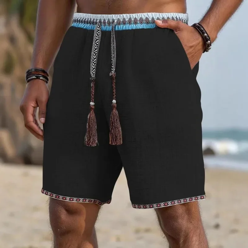 Men Boho Ethnic Beach Shorts Geometric Border Tassel Drawstring Elastic Waist Summer Holiday Loose Casual Vacation Shorts