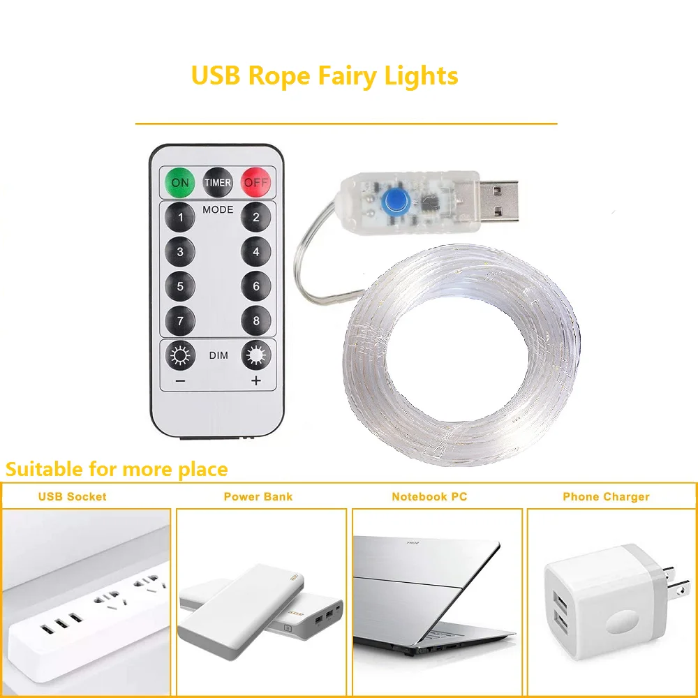 Guirnalda de luces Led para exteriores, 5/10/20M, resistente al agua, luces de tubo blanco para jardín, decoraciones de calle, alimentadas por USB, 8 modos