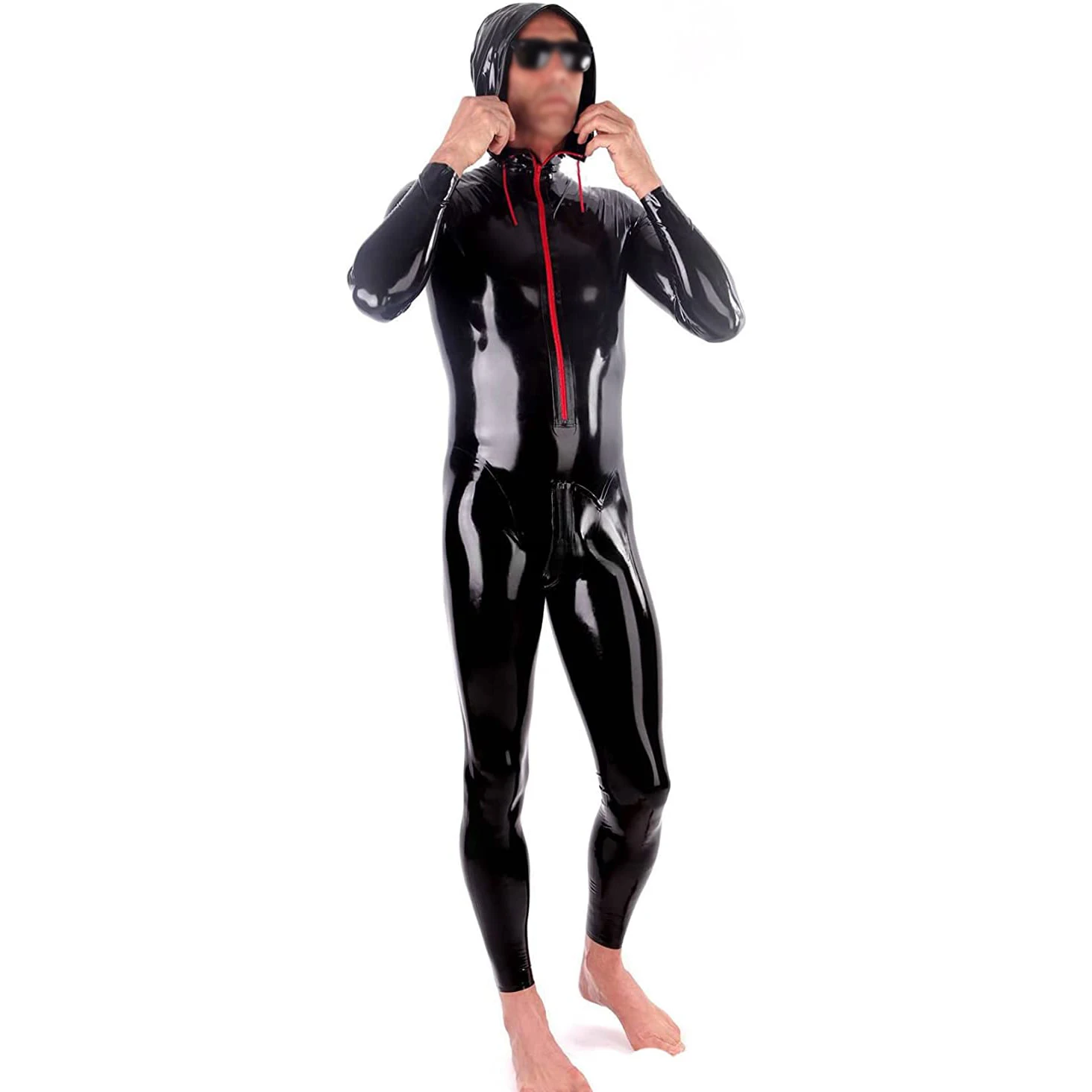 Black Sexy Tight Latex Jumpsuits Hoodies Front Zipper Pouch Rubber Catsuit Jogging Suit Zentai Overall Tracksuit Jumper 380