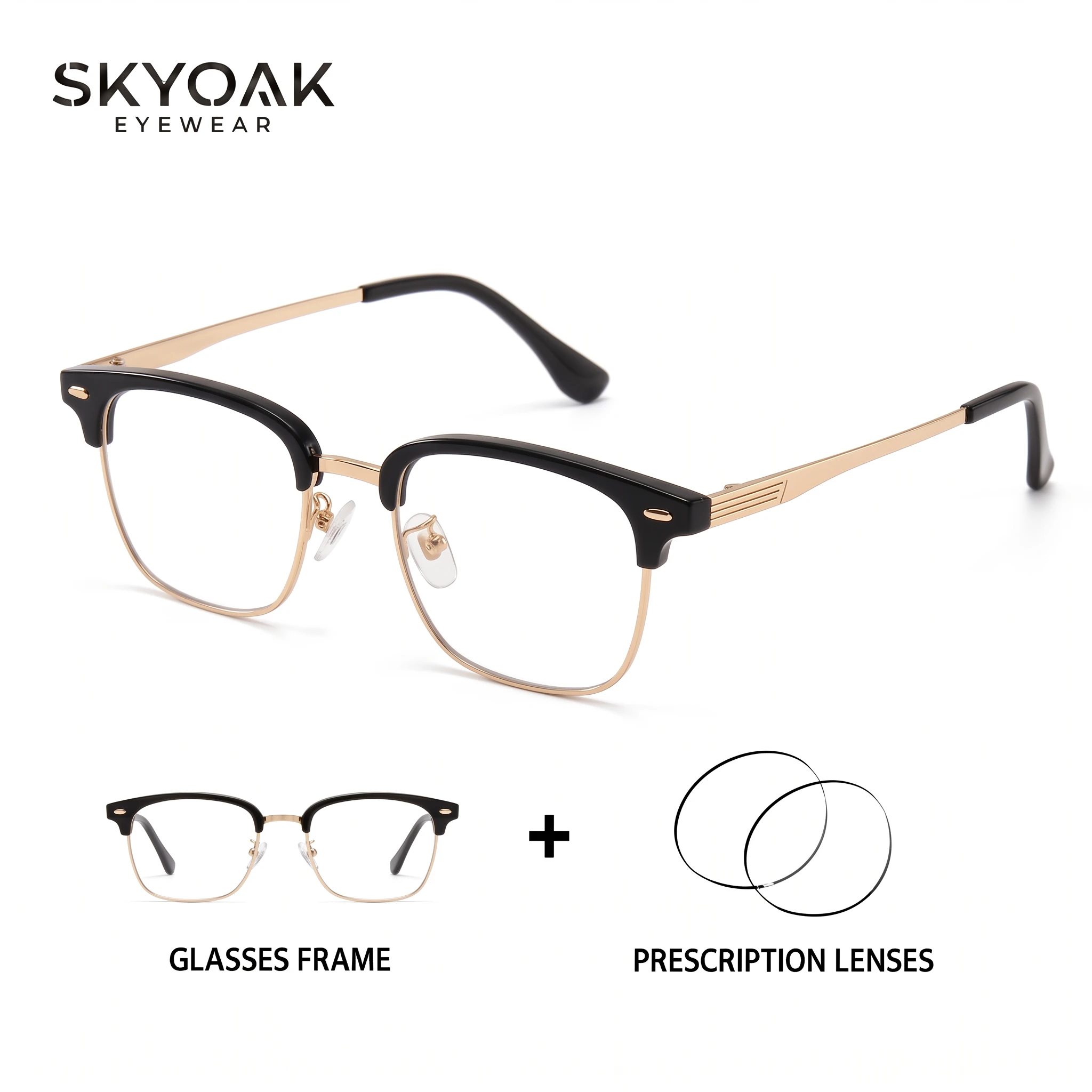 SKYOAK Pure Titanium Browline Prescription Glasses for Men, Progressive Myopia Hyperopia Optical Eyeglasses
