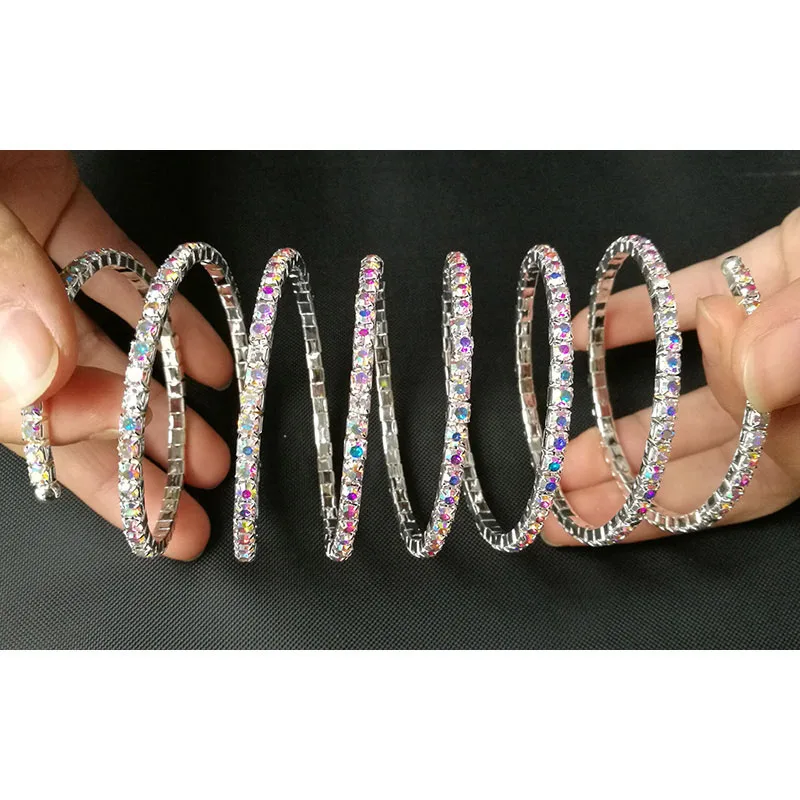 7-10 Rows Rhinestone Bangle Bracelet Silver Plated and Gold Color Metal Sparkly AB Crystal Indian Bangles for Women