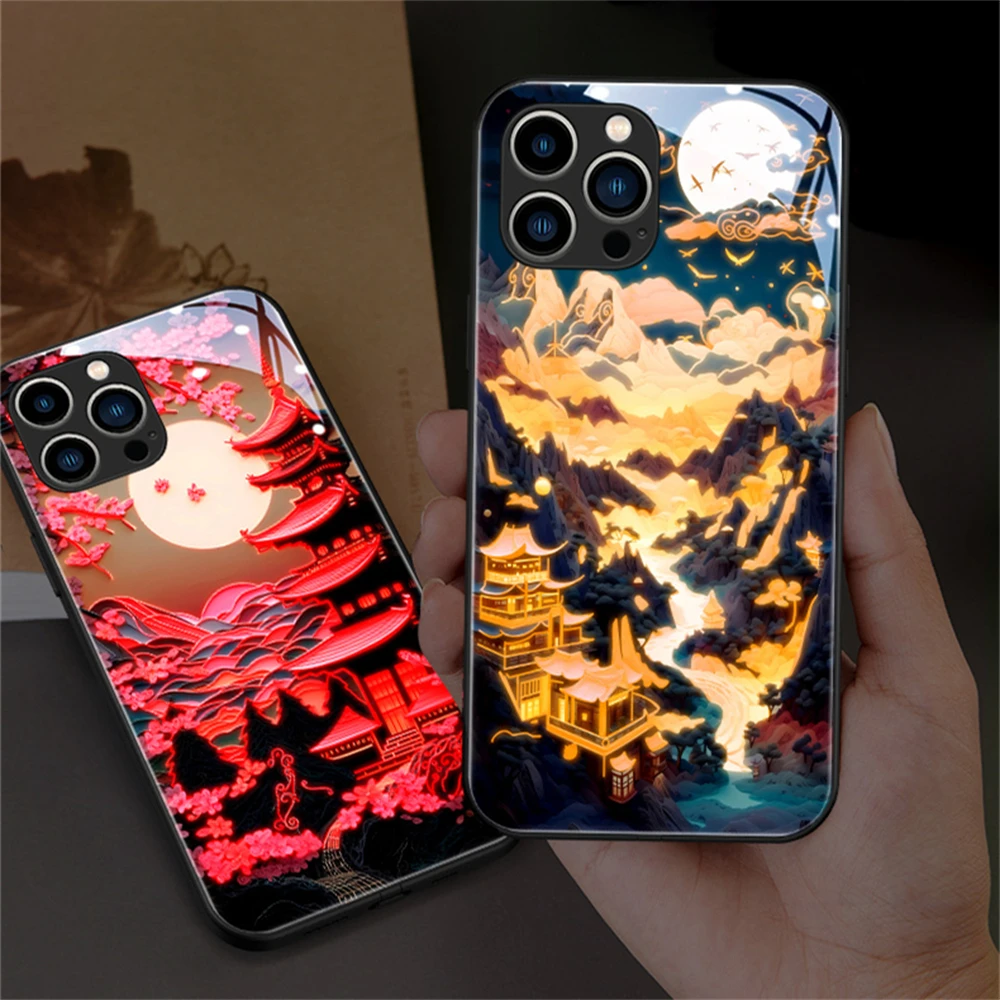 

2024 Traditional Landscape Design LED Phone Cover For XiaoMi 13 12 11 Pro Ultra RedMi K60 K50 Poco F3 Glitter Glass Back Case