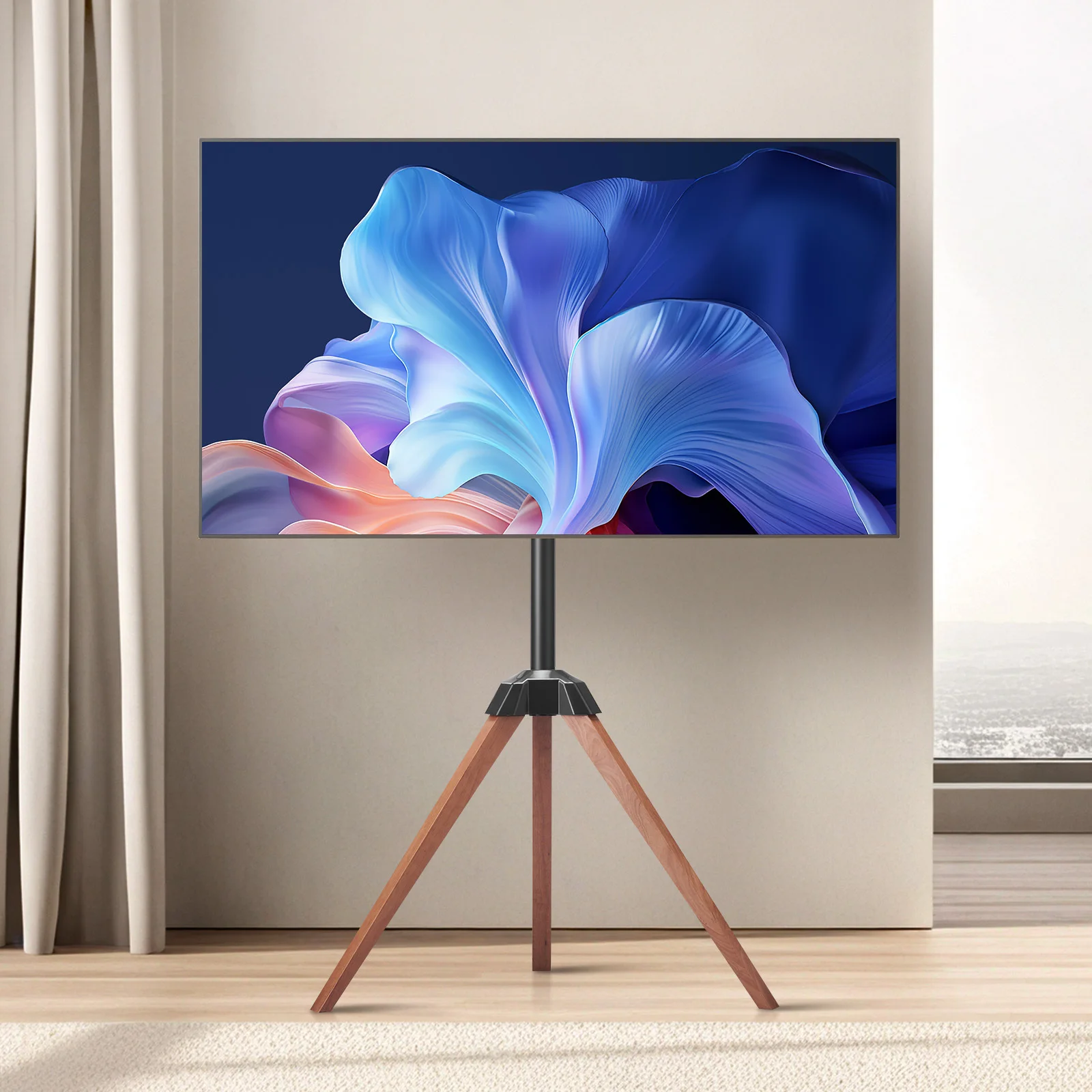 Tripod TV stand with wooden legs, 99 lb load capacity, suitable for 40-65 inch screens, ideal for living rooms.