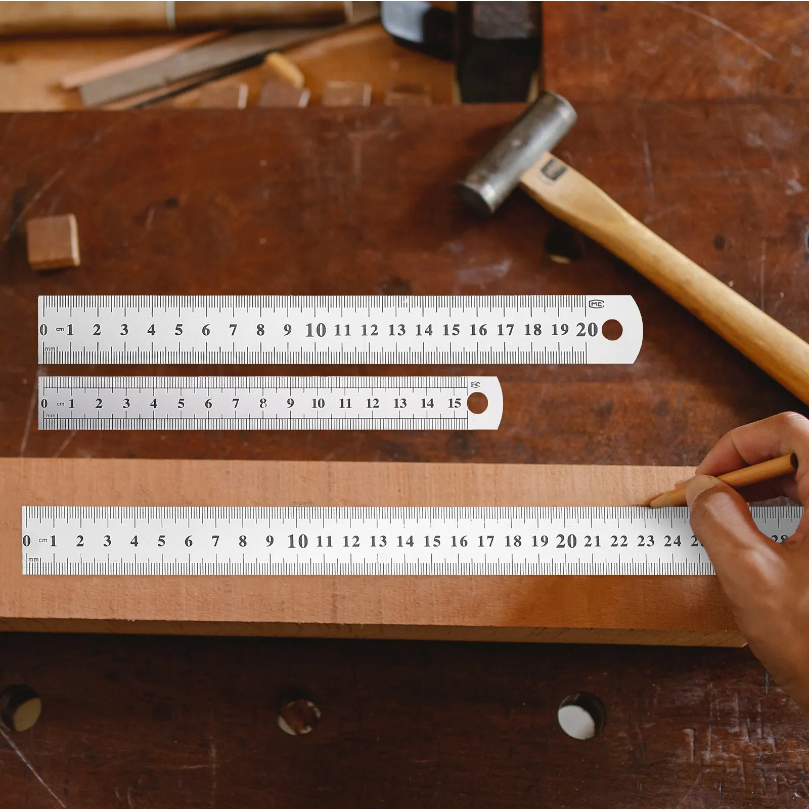 

3Pcs Professional Grade Stainless Steel Ruler Hanging Hole Design Straight Ruler for Architecture Drafting Painting Measuring