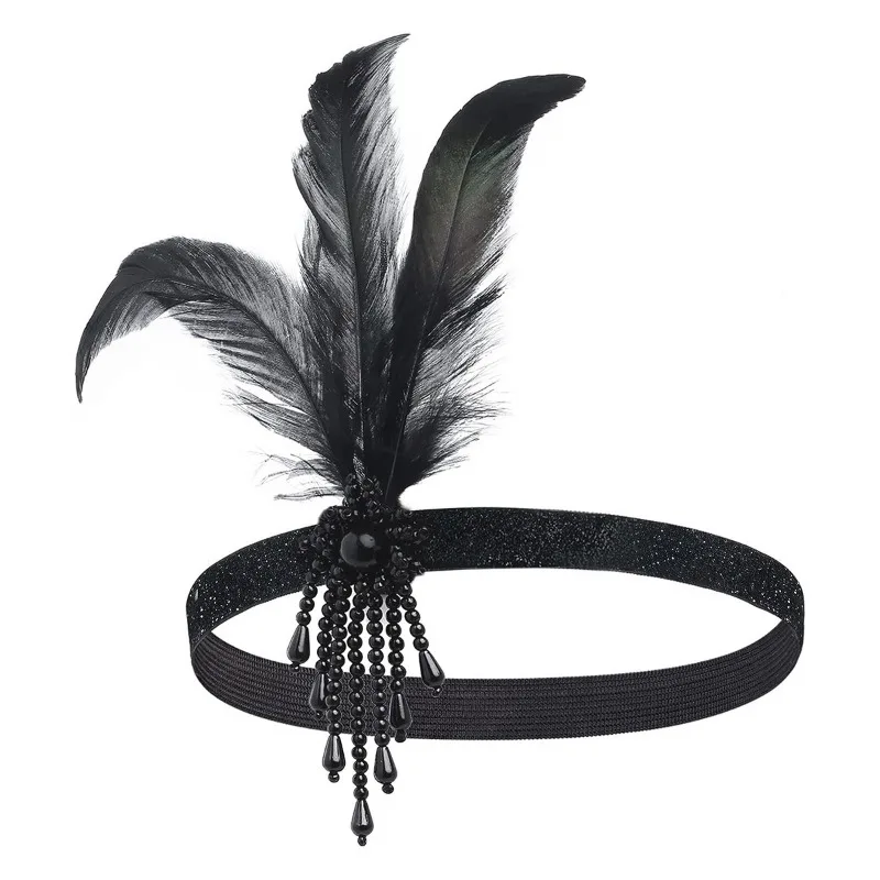 Paquete de 2 diademas estilo flapper de los años 20, tocado de plumas, accesorios para el cabello negros para mujeres y niñas, decoración para fiesta de graduación Gatsby