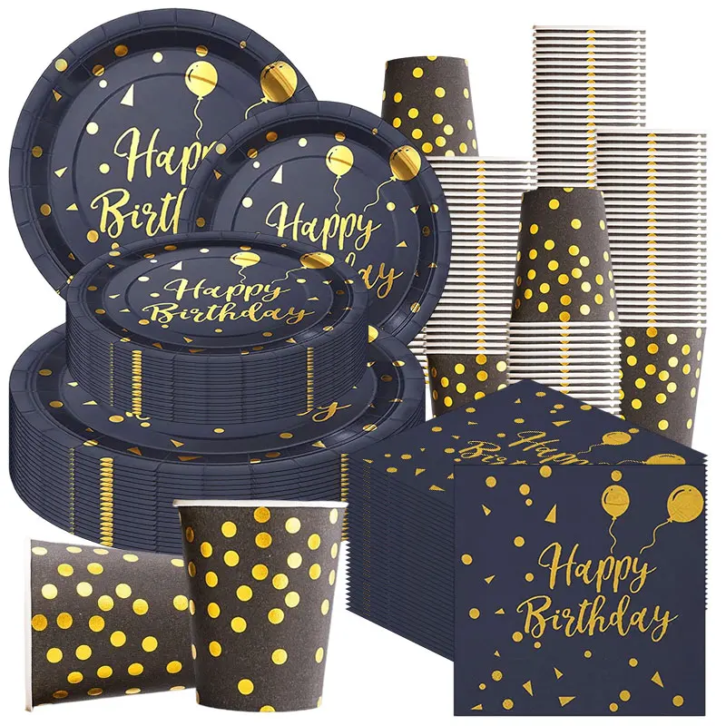 18. Geburtstag Dekorationen Schwarze Teller Becher Servietten-Box Gläser Foto-Requisiten Luftballons Schwarz-Gold Thema Geburtstagsparty Zubehör