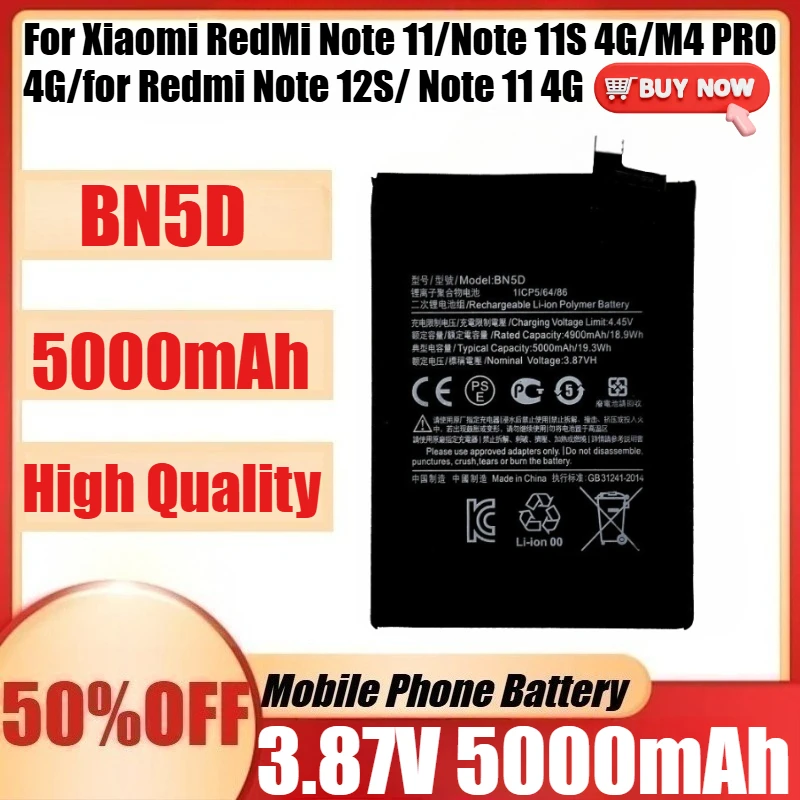 

New BN5D 3.87V5000mAh Battery For Xiaomi RedMi Note 11/Note 11S 4G/M4 PRO 4G/for Redmi Note 12S/ Note 11 4G Mobile Phone Battery