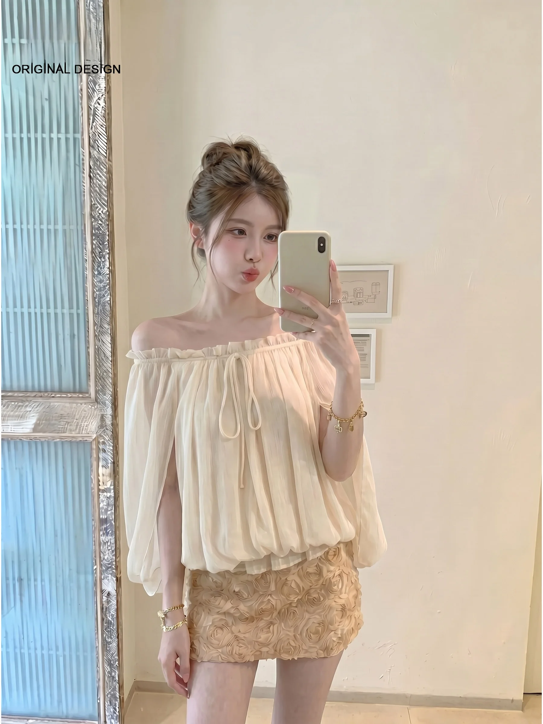 

Casual Style Long Sleeve One Shoulder Ruffle Trim Shirt Women's New 2026 Summer Slimming Top Collar Button Detail