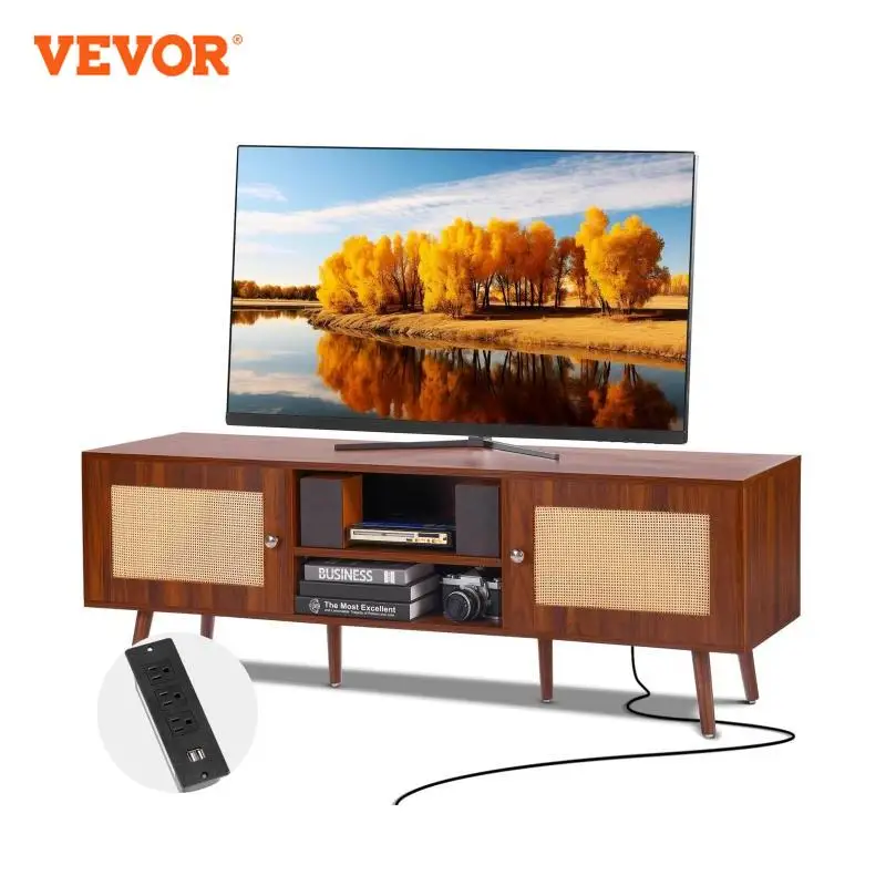 VEVOR Rattan TV Stand Mid Century Modern TV Stand with Build-in Socket USB Ports Adjustable Shelfs for Living Room Media Room 