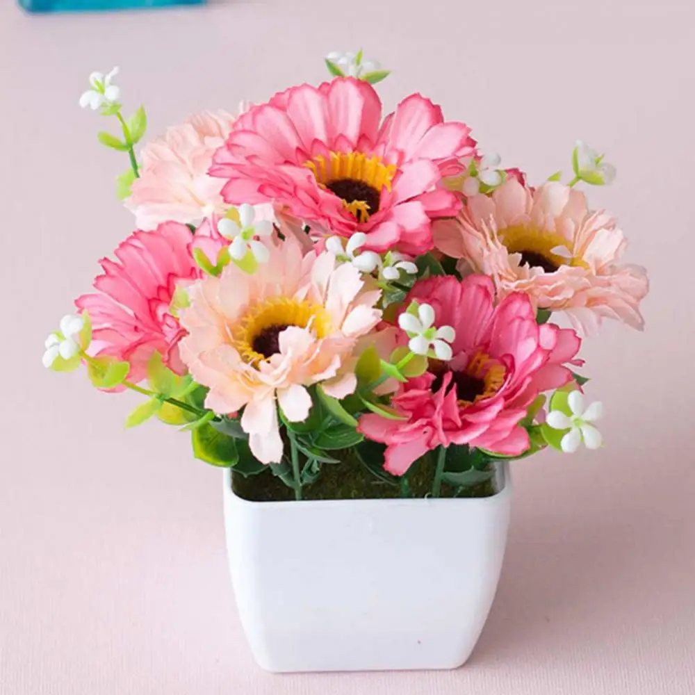 2022 Artificial Plants Potted Flower Bonsai Fake Chrysanthemum Flower Gypsophila Wood Pot Bonsai Home Garden Wedding Party Decor