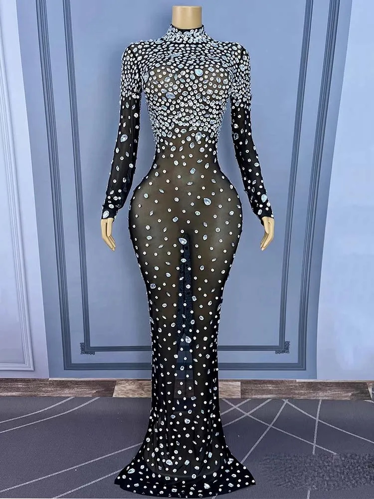 جودة عالية الساخن ختم مثير منظور شبكة الشق فستان 2025 موضة جديدة مخصصة الملابس النسائية