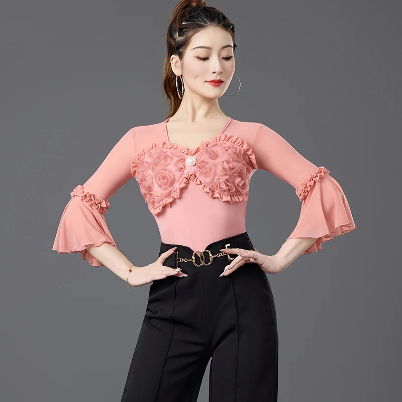 Mono de media manga con flores, Top de baile latino, ropa para mujer, trajes de baile modernos estándar nacional Chacha Rumba Tango DQL11548