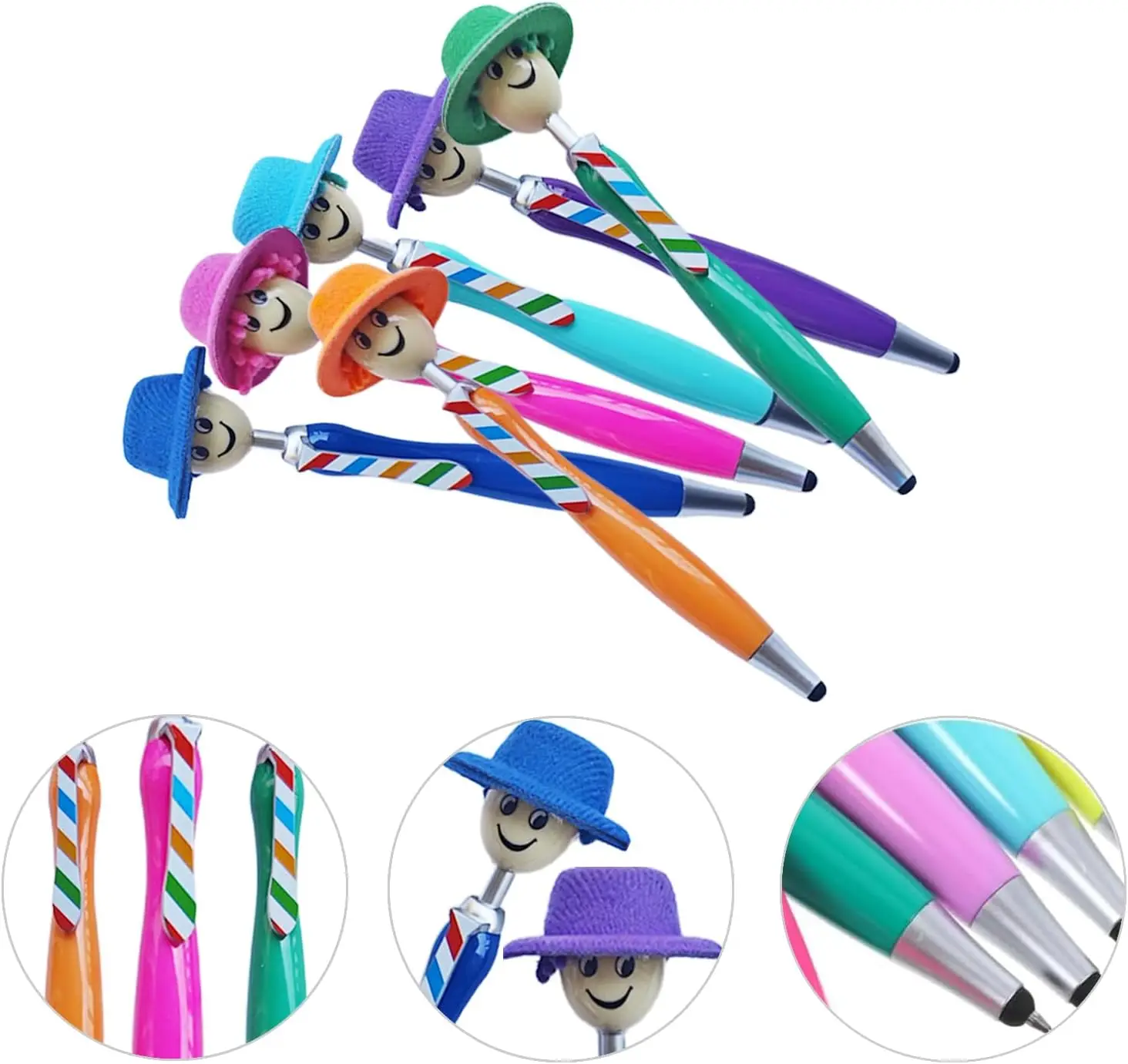 1/6個のモップヘッドボールペン、帽子付きモップペン、楽しい先端のクリエイティブなぬいぐるみボールペン、オフィスや学校に最適