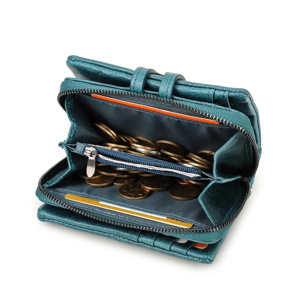 Dompet Berkualitas MAGIC TALE Dompet Pendek Kulit Asli Ritsleting Wanita Dompet Koin Wanita Dompet Kancing Pengait dengan Tempat Kartu Kredit