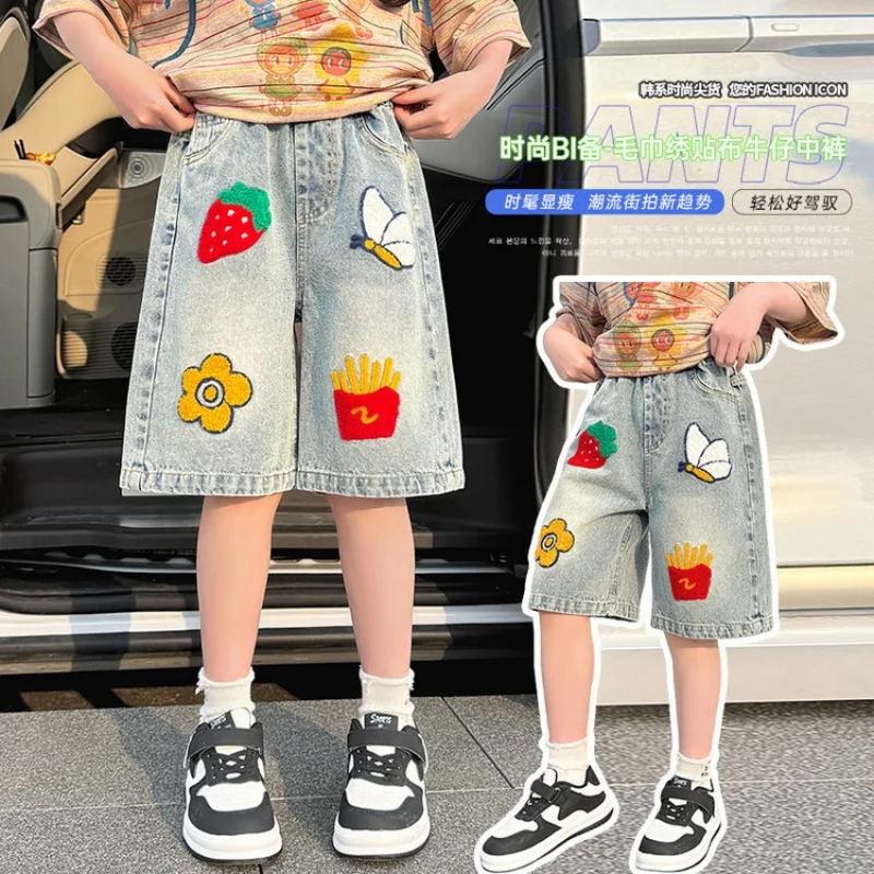 

Girls' Summer Denim Shorts Cartoon Riding Breeches Suitable for 7-14-year-old Teens Summer Mid-length Pants For Fashionistas