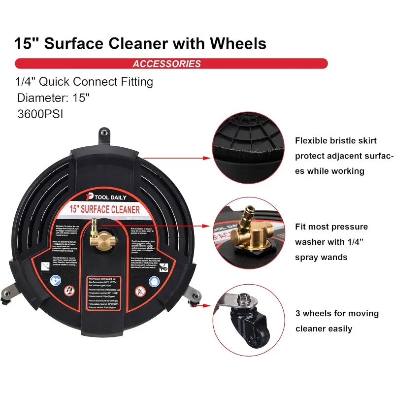 Tool Daily 15 Inch Pressure Washer Surface Cleaner Attachment with Wheels, with 2 Power Washer Extension Wands