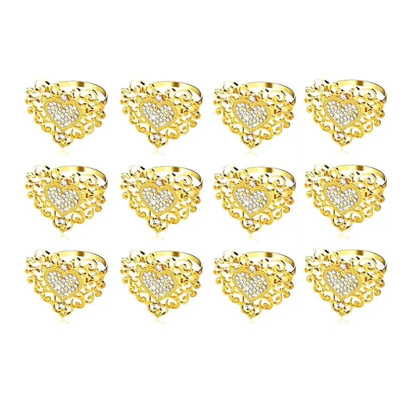 12 Piece Napkin Rings Holder Heart Napkin Ring Rhinestone Napkin Buckle For Valentine Wedding Holiday Party Decor