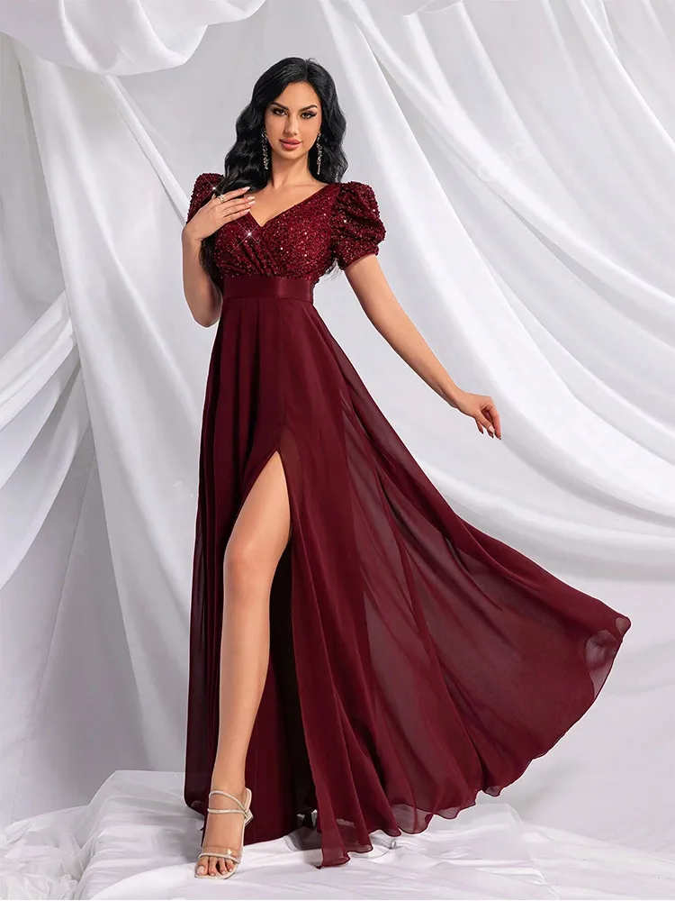 Vestido de noche de lujo con cuello en V de manga corta para mujer, vestido de dama de honor de lujo, vestido de graduación largo hasta el suelo, banquete rojo vino