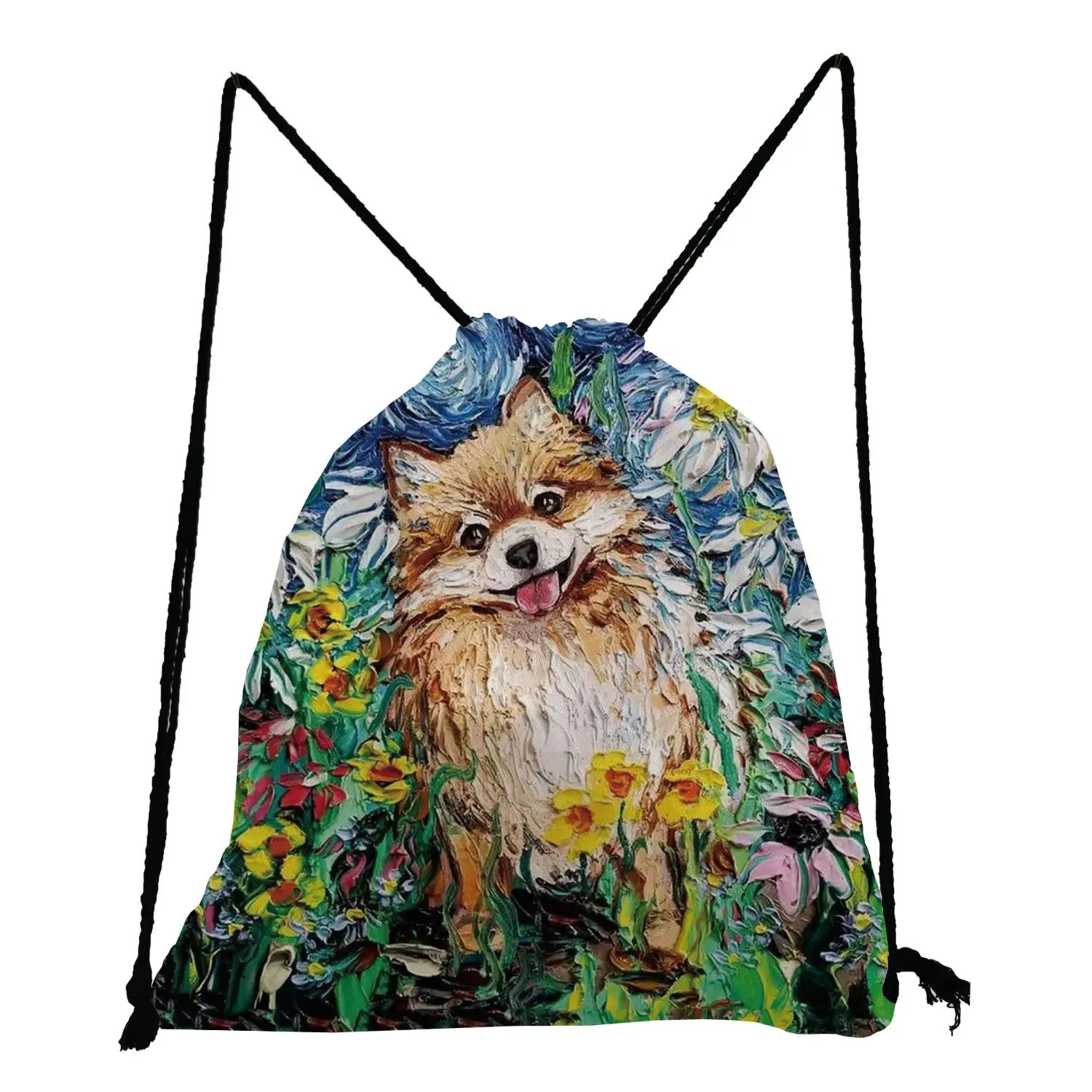 Mochila portátil con estampado de perro para mujer, bolso de viaje con bolsillo y cordón, con pintura al óleo de cielo estrellado, a la moda, para estudiantes