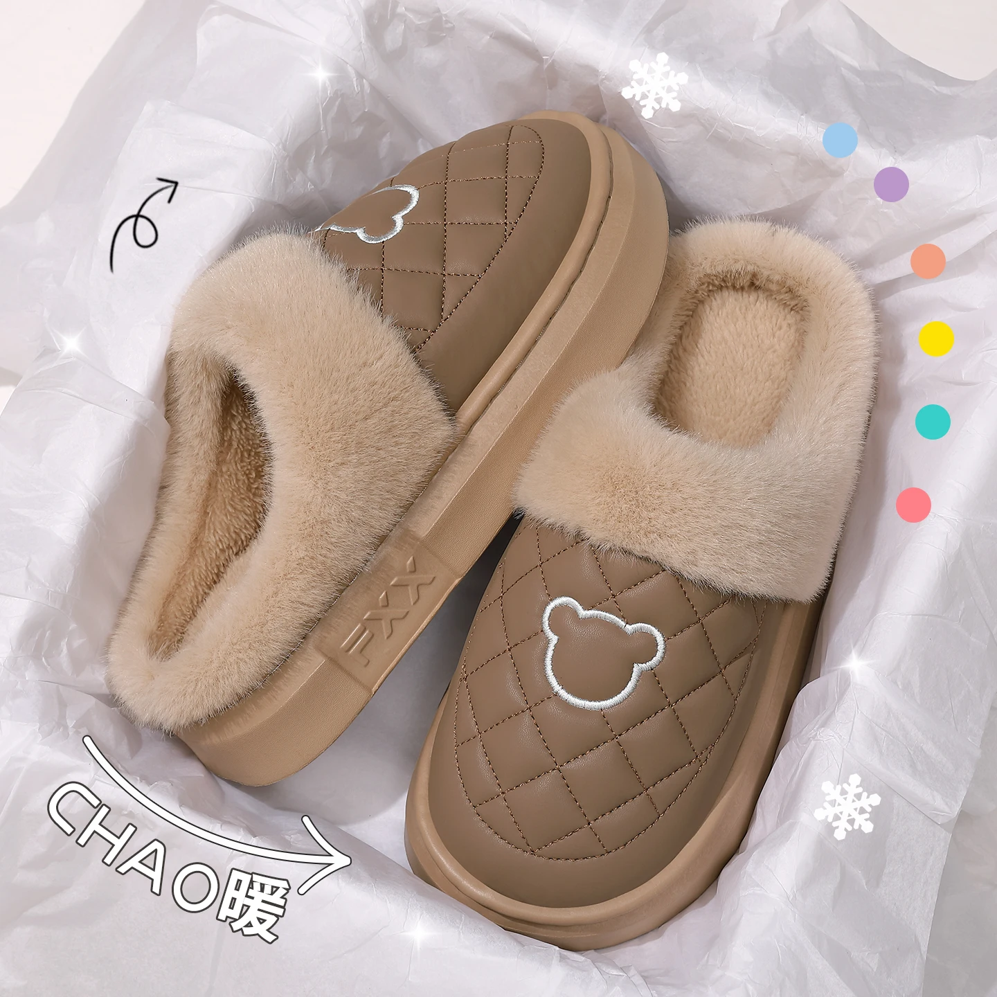 Herren Damen Winter Warme Hausschuhe Wasserdichte Plattform Dicke Sohle Fell-Slides Gemütliche Plüsch Rutschfeste Weiche Indoor Outdoor Baumwoll-Mules – Detail 3
