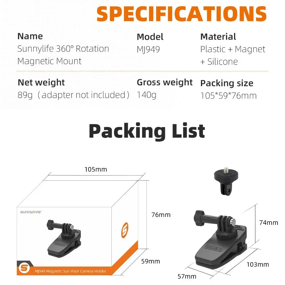 Magnetic Backpack Clip Clamp 360° Rotation Durable Car Sun Visor Clip Mount Stable for DJI Osmo Action/Insta360/GoPro