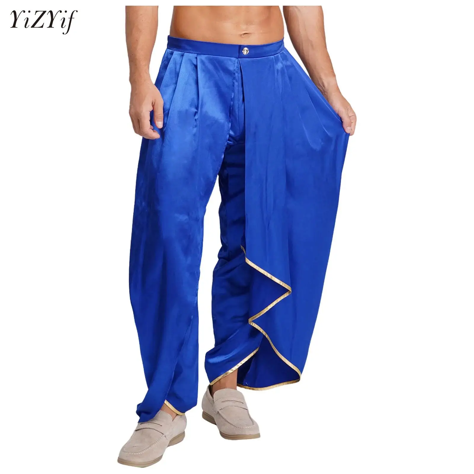 

Men Arabian Prince Costume Satin Pleated Drapes Dhoti Pants Elastic Waistband Baggy Bloomers Halloween Carnival Cosplay Trousers