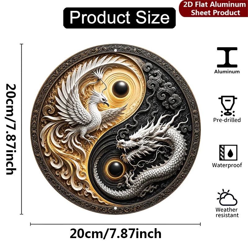 2D Flat,Mystical Phoenix Round Sign, Ancient Dragon Vintage Decorative Plaque, Yin Yang Symbol Porch Decorations, Wall Decor