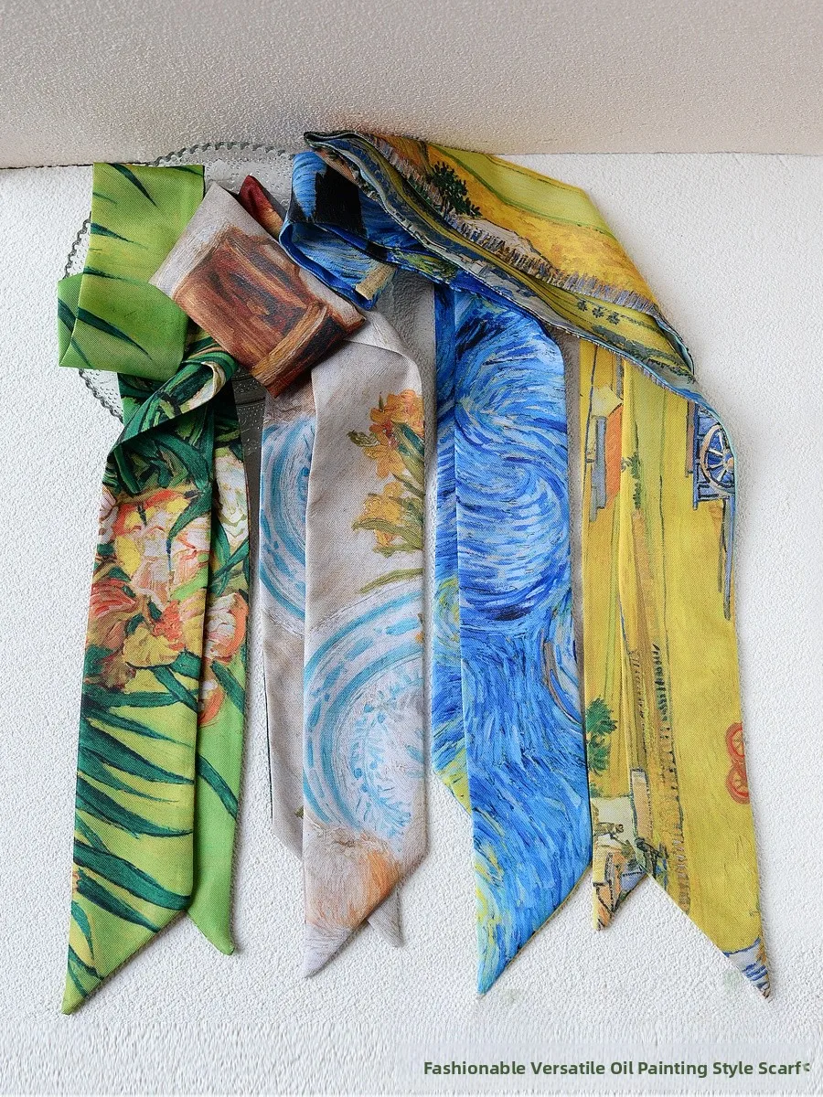 Faionable Artistic Long Narrow Silk Scarf Handbag Handle Decorative Netie Small Size Ele Floral Print Silk Ribbon