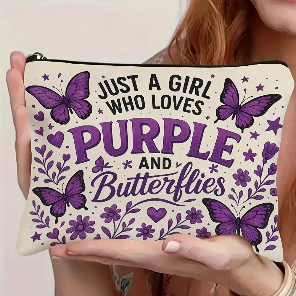 Purple Butterfly Art Makeup Bag, Double-Sided Floral Print Zipper Pouch, Travel Toiletry Bag Gift for Mom Friends Teacher