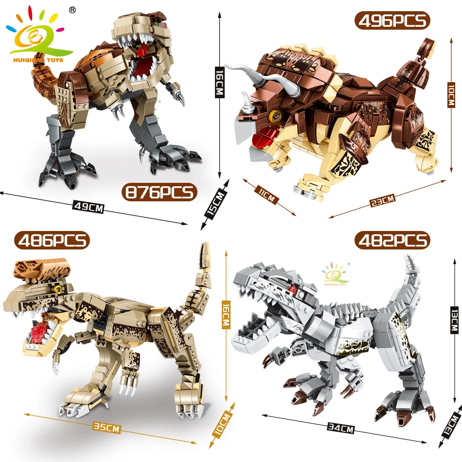 HUIQIBAO Jurassic Indominus Rex Dinosaur World Model Building Blocks City Triceratops Velociraptor Dino Park Bricks Children Toy